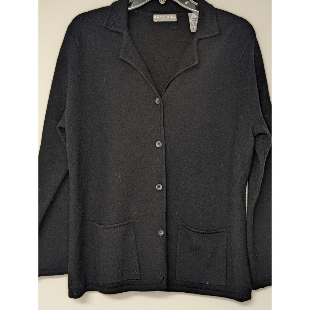 Kate Hill Woolmark 100% Wool Knit Cardigan Jacket Pockets Black Petite Size PL